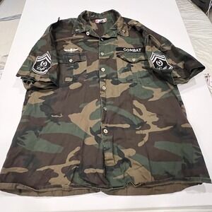 Combat Mens 5XL Camo Short Sleeve Button Down Shirt Military Style Patches Green